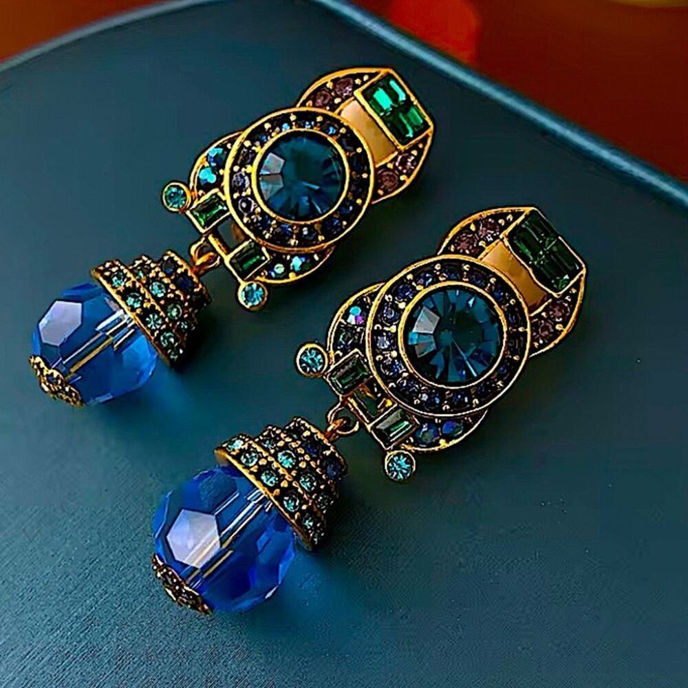 Vintage Gold Multicolor Stone Clip On Earrings - Picture 2 of 6